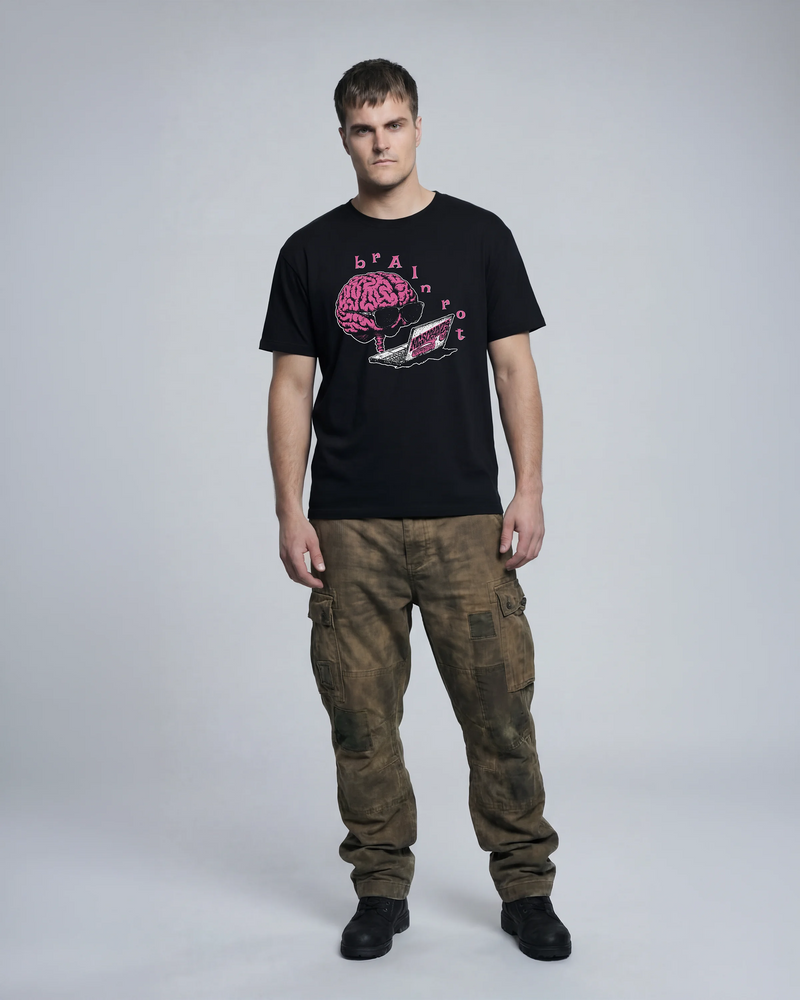 Model wearing the BrAInrot T-Shirt from Miscreants