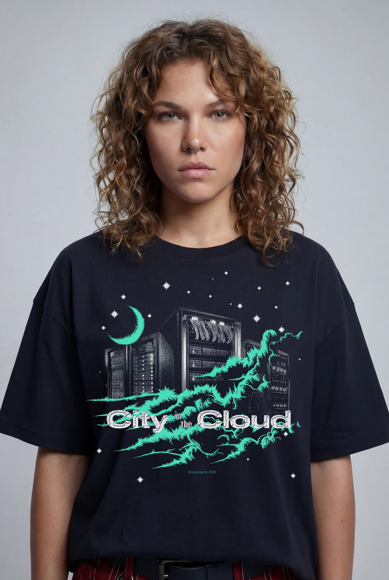 Model wearing the City in the Cloud T-Shirt from Miscreants