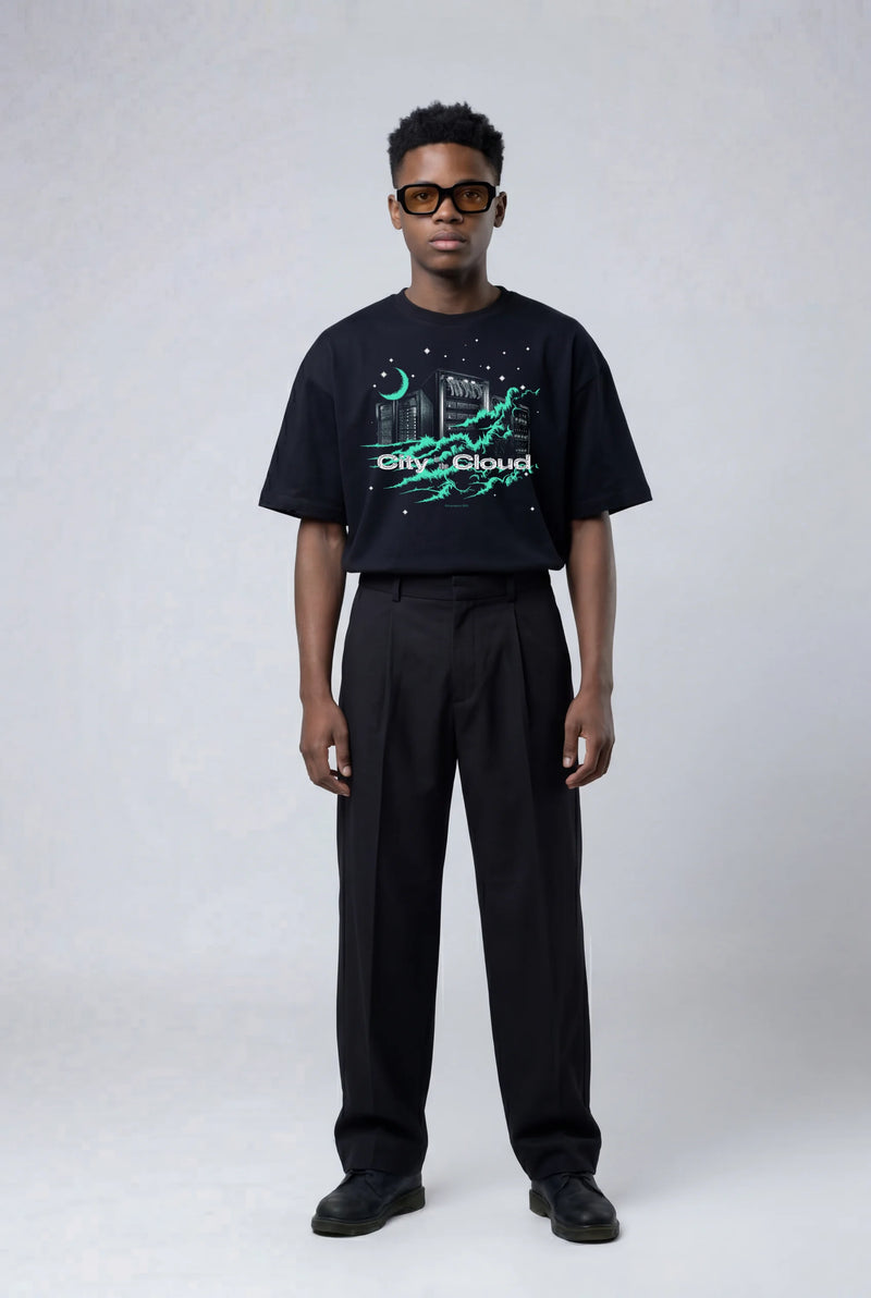 Model wearing the City in the Cloud T-Shirt from Miscreants