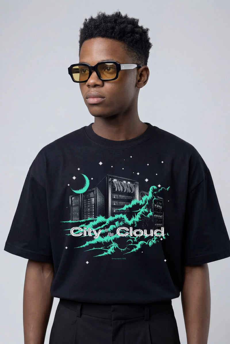 Model wearing the City in the Cloud T-Shirt from Miscreants