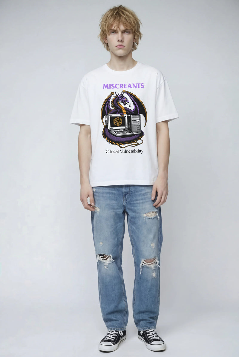 Model wearing the Critical Vulnerability T-Shirt from Miscreants