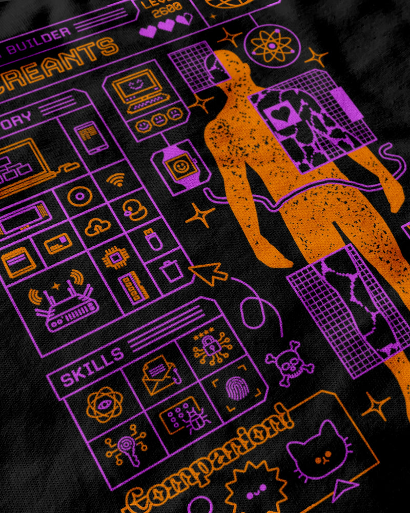 Reality Character Builder T-Shirt from Miscreants — close-up of print