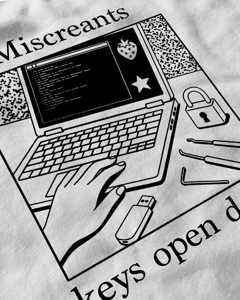 Keys Open Doors T-Shirt from Miscreants — close-up of print