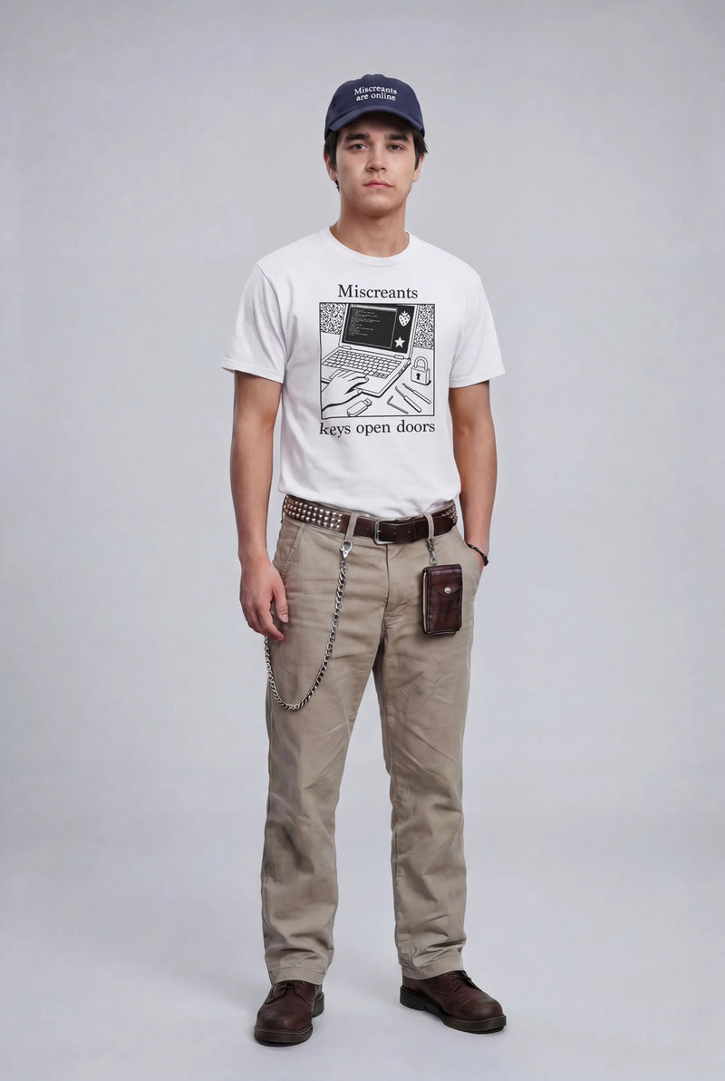 Model wearing the Keys Open Doors T-Shirt from Miscreants
