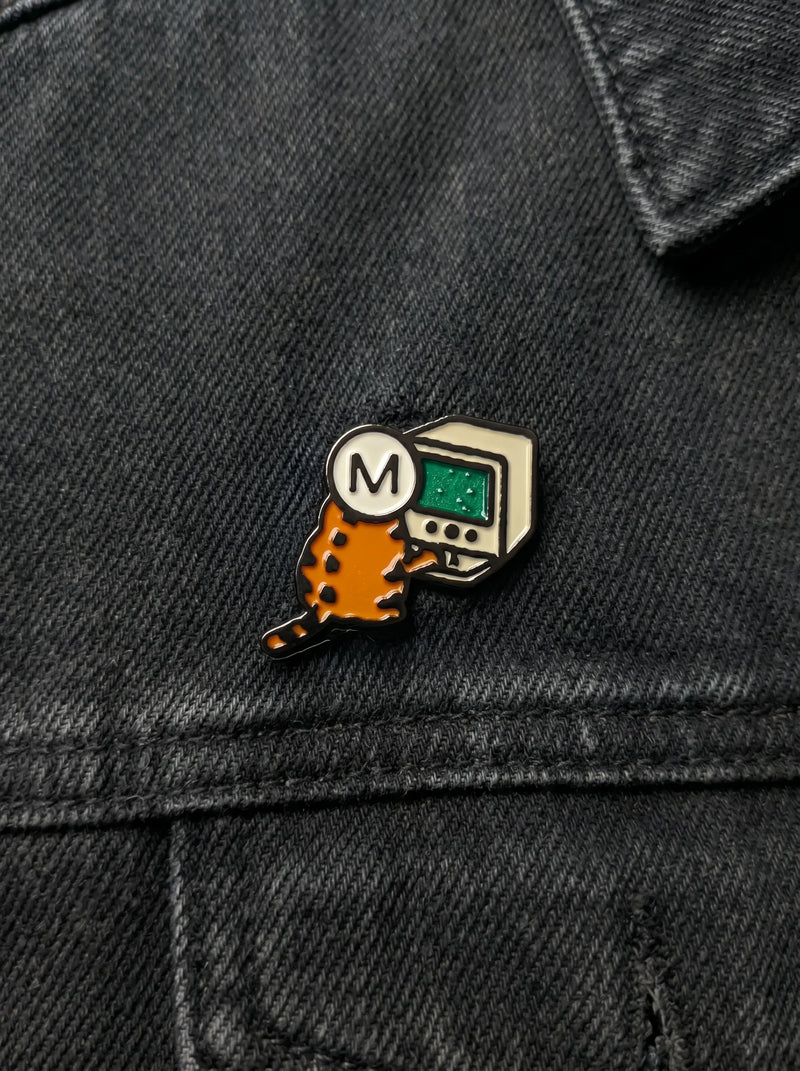 Computer Cat Enamel Pin from Miscreants — close-up of pin design