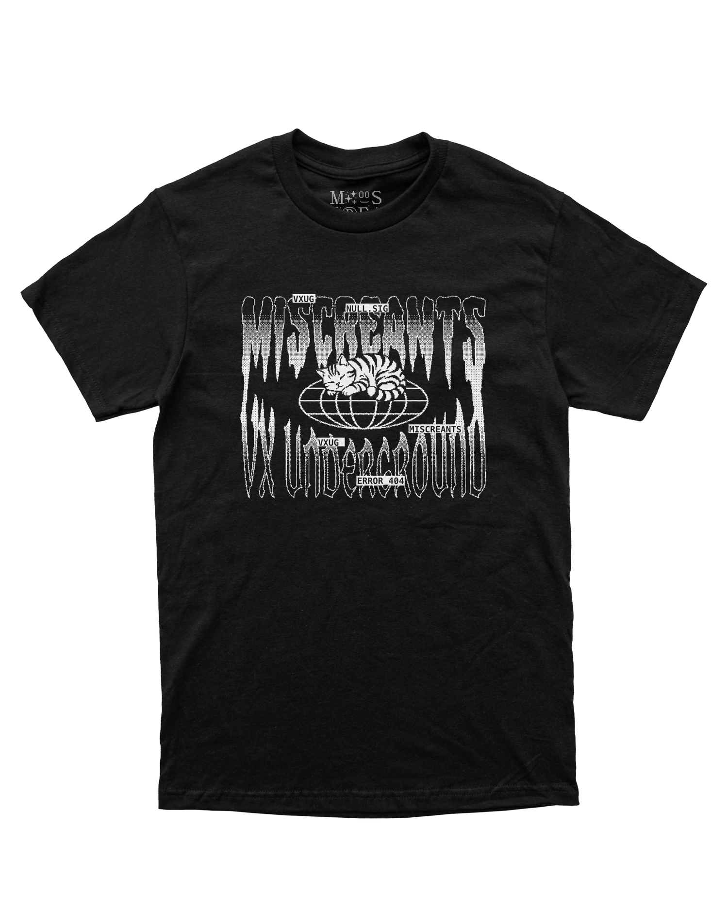 VXUG T-Shirt from Miscreants, front view featuring a cat and VX-Underground artwork