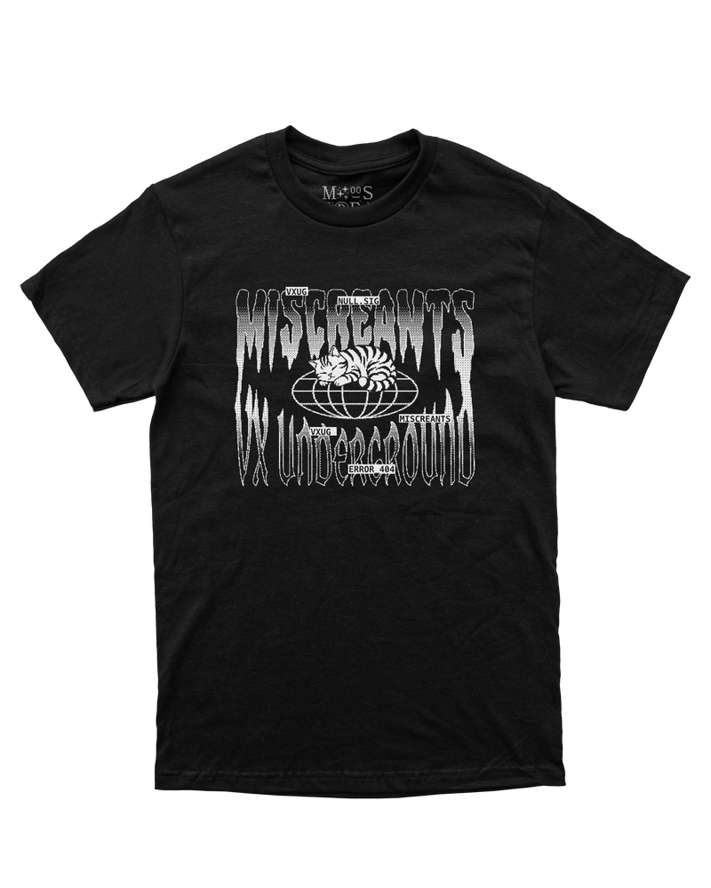 VXUG T-Shirt from Miscreants, front view featuring a cat and VX-Underground artwork
